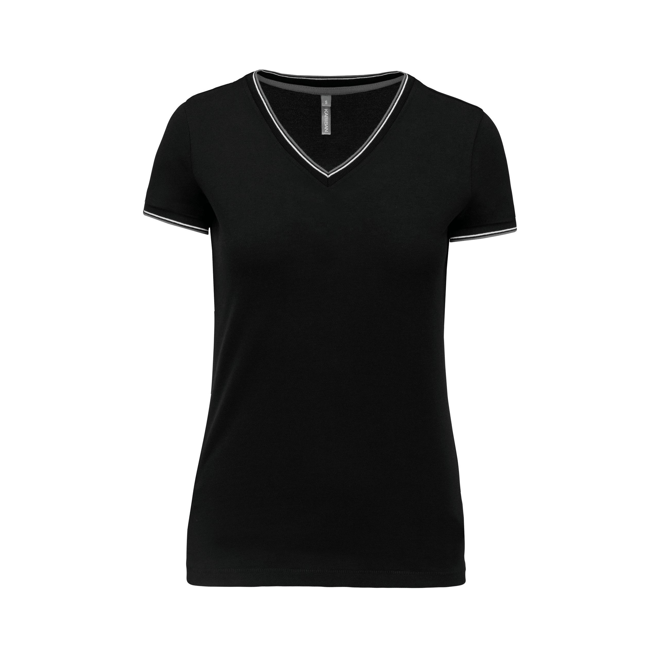 Kariban - T-shirt maille piquée col V femme - Black / Light Grey / White - XS