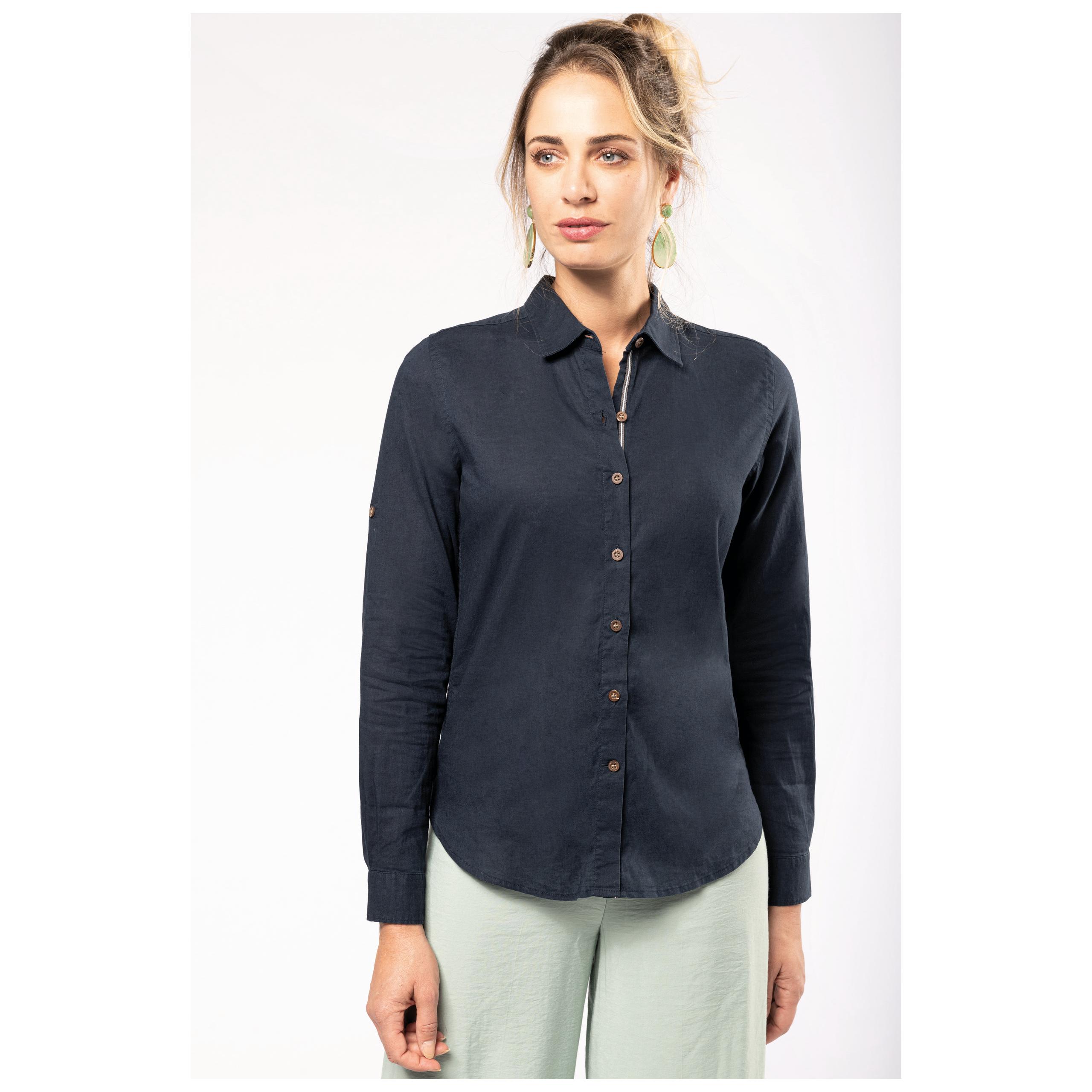 Kariban - Chemise lin et coton manches longues femme - Navy - XS