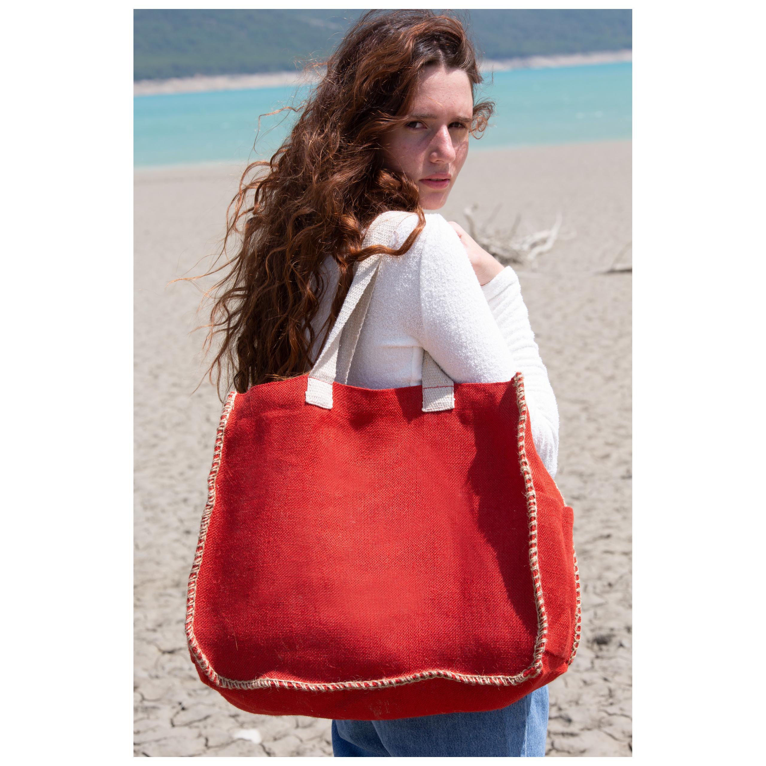 Kimood - Sac en jute avec coutures contrastées - Arandano Red / Natural - One Size