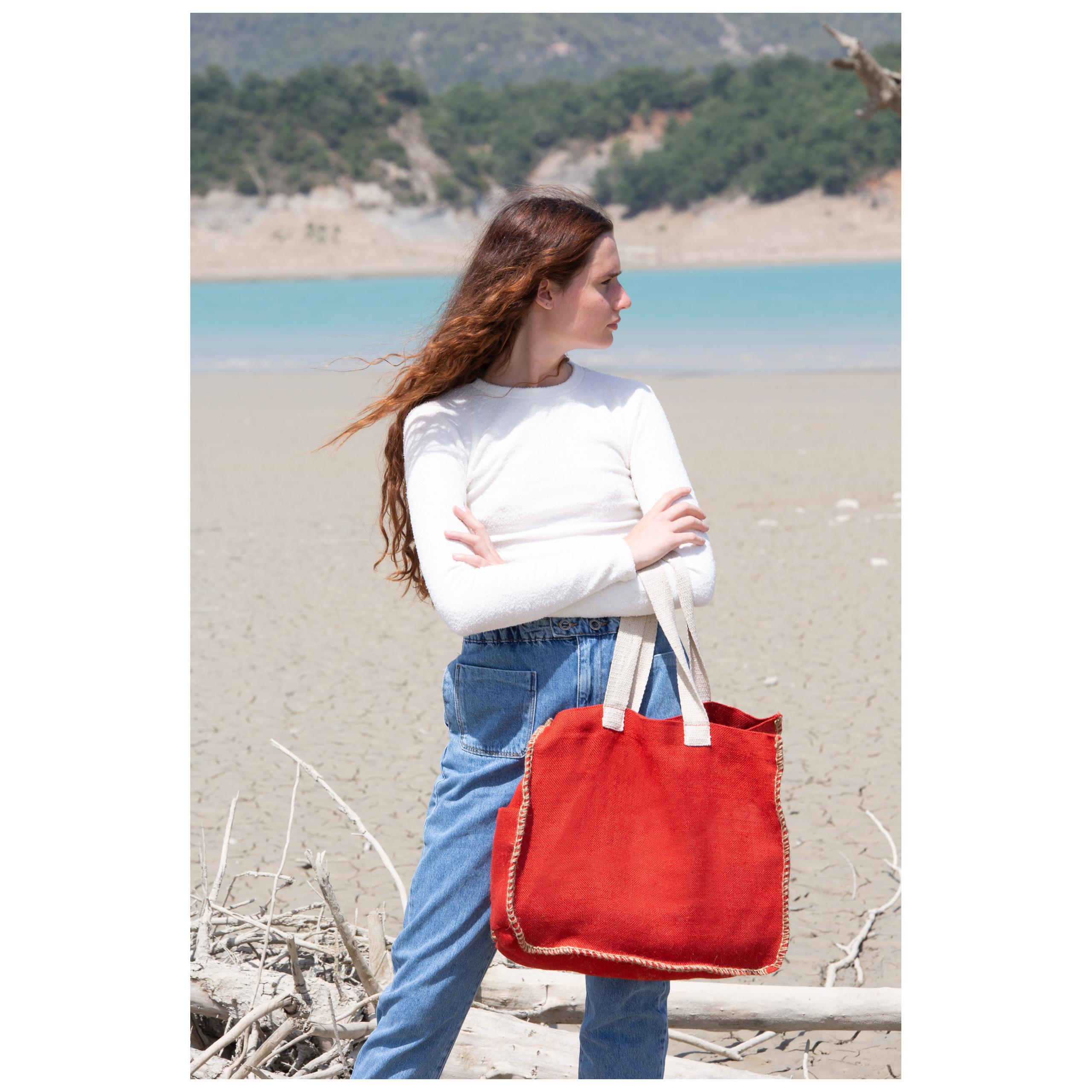 Kimood - Sac en jute avec coutures contrastées - Arandano Red / Natural - One Size